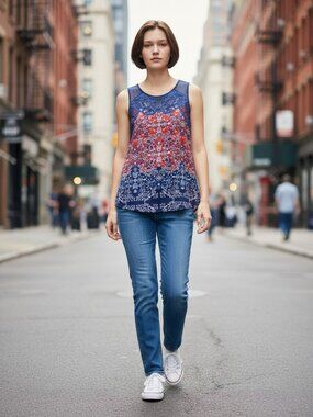 Pale Sky Blue, Red and White Sleeveless Embroidered Top‎ in Size S